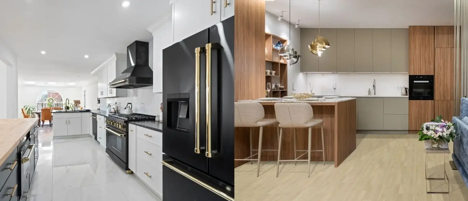 Split-screen comparison showing LVT and porcelain tile in similar modern kitchen settings
