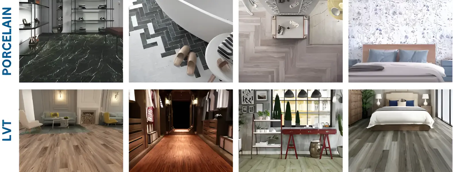 Design variety showcase - grid displaying extensive porcelain options vs LVT pattern selection