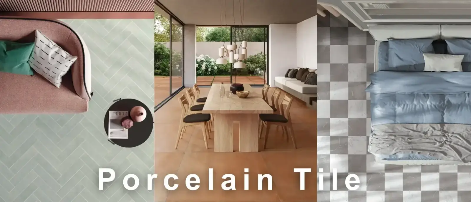 Porcelain tile samples showing various textures and finishes