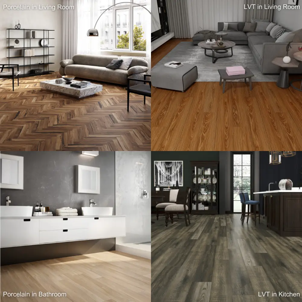 Room showcase montage showing LVT in kitchen, porcelain in bathroom, and side-by-side living room comparison