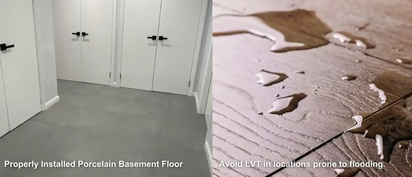 Basement installation showing proper porcelain application vs areas where LVT should be avoided due to flooding risk