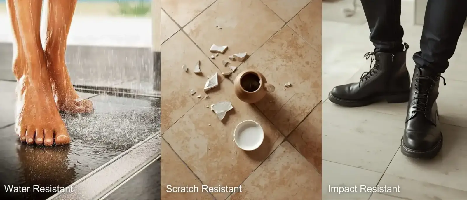 Durability test results showing water resistance, scratch testing, and impact resistance comparison