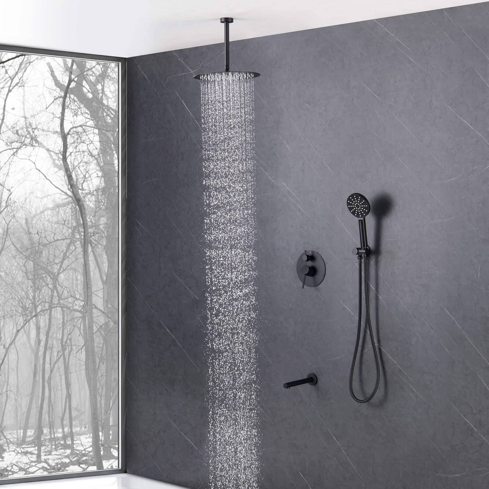 Casa Fixtures Halo Matte Black 2 Function Ceiling Mount Shower System